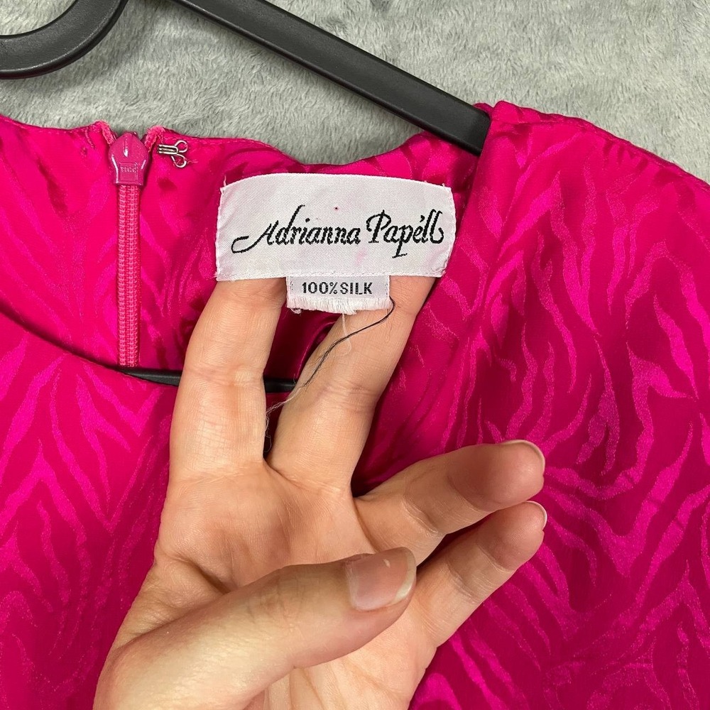 Vintage Adrianna Papell 100% Silk Fuchsia Long Sleeve Tiered Ruffle Midi Dress M - Picture 9 of 10
